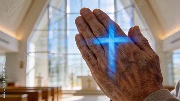 Obraz 파란십자가빛과노인의기도하는손