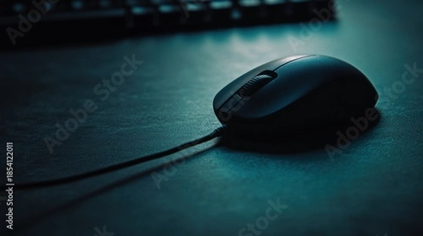 Fototapeta Black wired computer mouse on dark surface teal lighting