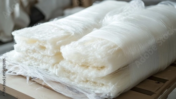 Fototapeta Soft white textile fibers stacked closeup view manufacturing process natural material texture