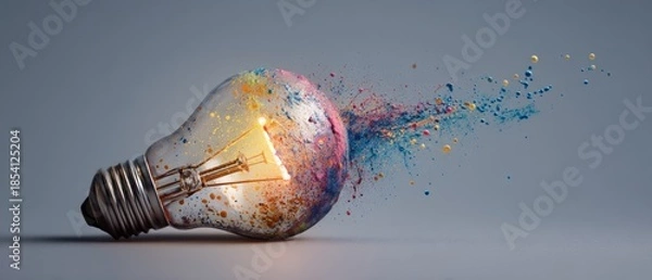 Obraz Creative light bulb with exploding colors innovation and idea concept