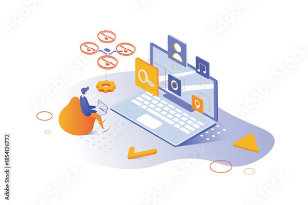 Obraz App development 3d isometric concept with isometry people design for web. Developer creating programs and softwares, programming mobile and computer applications at laptop. Vector illustration.