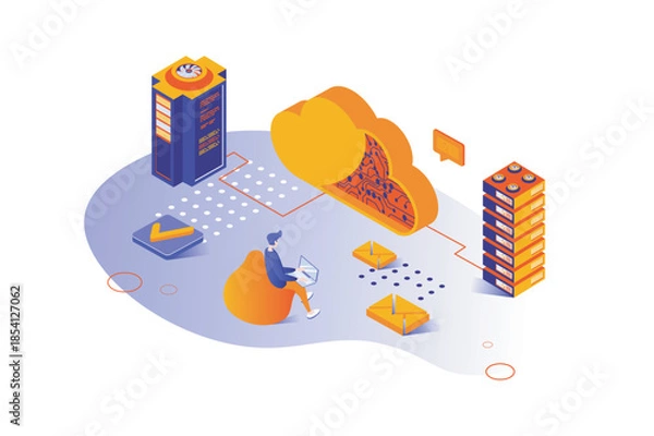 Obraz Data center 3d isometric concept with isometry people design for web. Man using database and cloud storage, processing datum and making backup. Technician maintenancing server. Vector illustration.