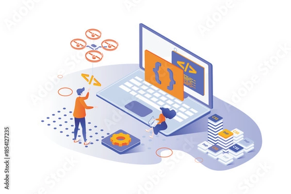 Obraz Programming company 3d isometric concept with isometry people design for web. Coders team developing new it project, creating software at laptop, coding and testing application. Vector illustration.