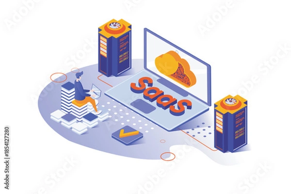 Obraz SaaS 3d isometric concept with isometry people design for web. Users subscribe to software as a service, using cloud computing and storage service, purchasing digital licenses. Vector illustration.