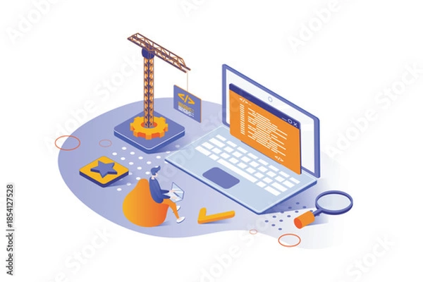 Obraz Web development 3d isometric concept with isometry people design. Man developing software for website, creating front end, coding and making site optimization, working at laptop. Vector illustration.