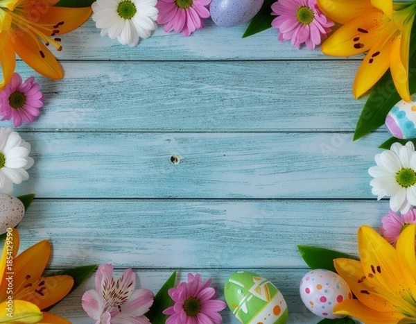 Obraz Wooden Easter Background Framed by Flowers and Decorated Easter Eggs