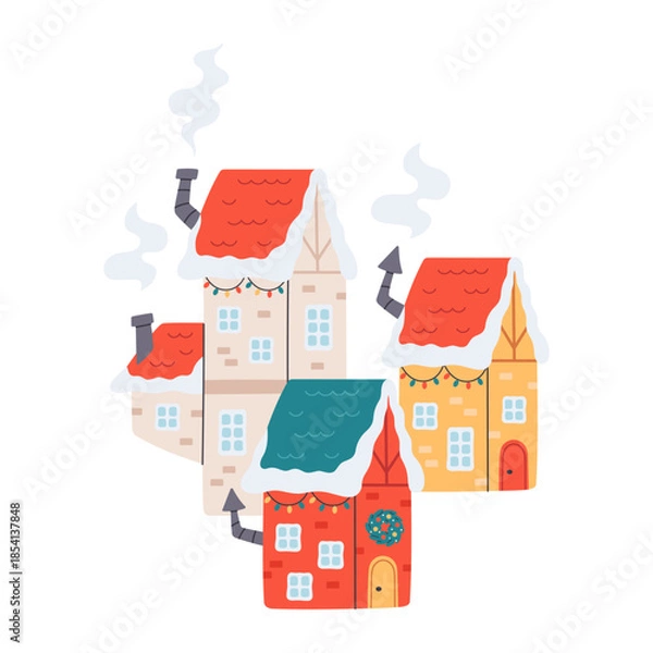 Obraz Cute houses with festive Christmas decorations. Village fairytale houses with snow on the roofs. Christmas elements. Flat vector illustration
