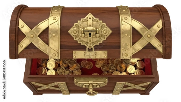 Obraz Open wooden treasure chest with gold coins isolated on transparent PNG, wealth and fortune concept for games and graphic design