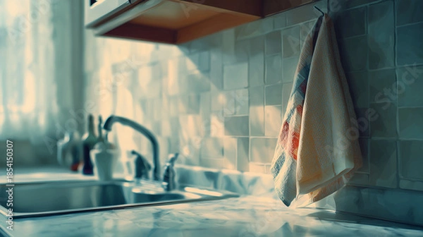 Obraz シンク横に掛けられたキッチンクロスが、日々の家事を感じさせる清潔なキッチンの水彩ポリゴン
