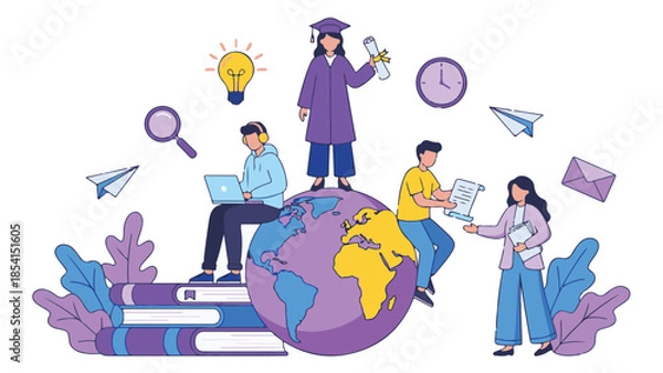 Obraz Modern global online education concept with diverse students and learning elements