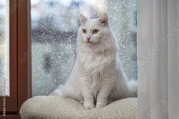 Obraz White fluffy cat sitting by the window during snowfall