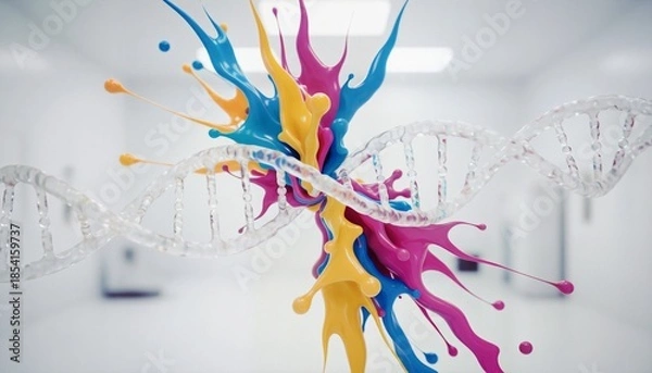 Obraz Abstract DNA Strands Merging with Vibrant Paint Splashes in White Lab