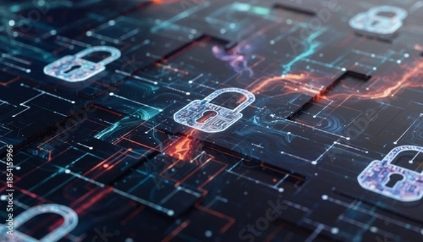 Obraz Sophisticated Cybersecurity Visualization with Geometric Patterns and Layered Effects for Modern Digital Protection