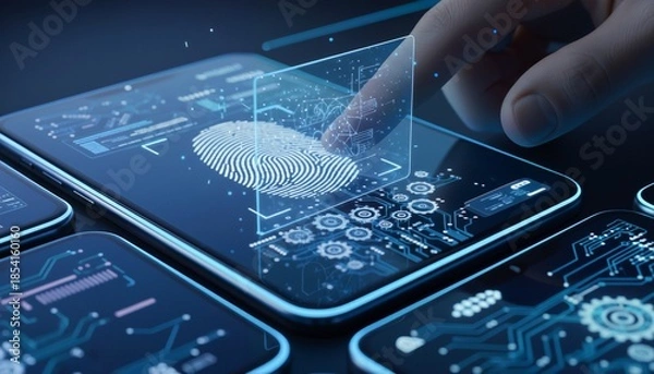 Obraz Advanced Biometric Smartphone Security with Blue Neon Illumination and Microscopic Detail