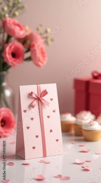 Obraz Pink gift box with a bow and a cupcake copy space vertical background