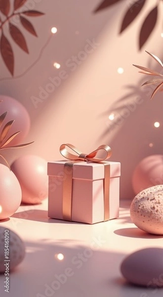 Obraz Present box with a bow on it surrounded by easter eggs