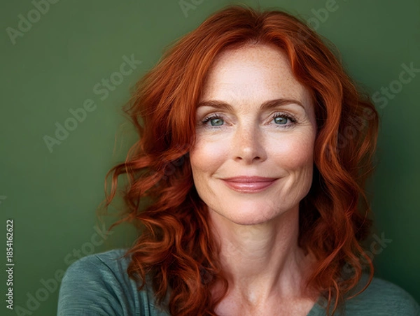 Obraz Smiling middle-aged woman with red hair on green background