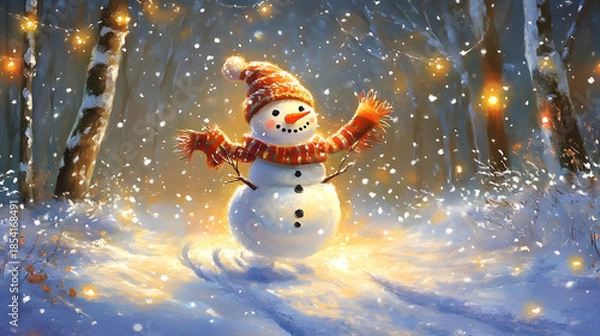 Obraz Funny energetic snowman running through a snow-covered path