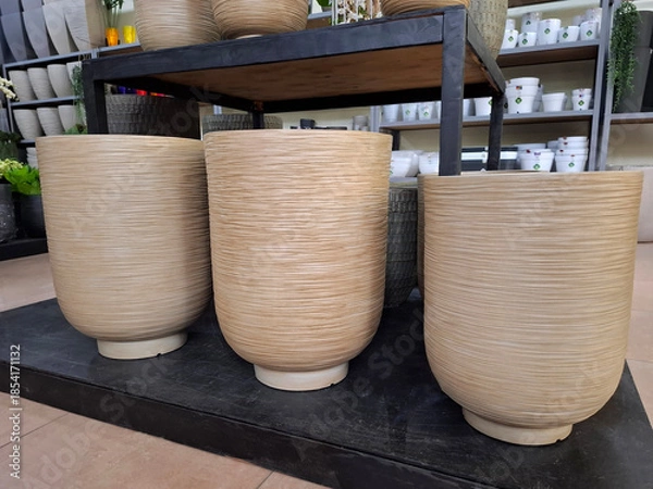 Fototapeta Flower pots. Many large ceramic products in flower shop