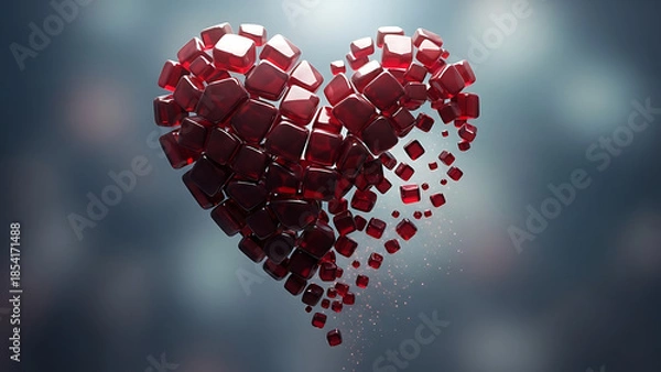 Obraz Disintegrating ruby heart with glittering red gems on dark background