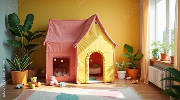 Obraz Children's play tent in yellow and pink, surrounded by toys and potted plants in a bright room with wooden flooring and warm sunlight. Concept of playhouse in cheerful kid's space