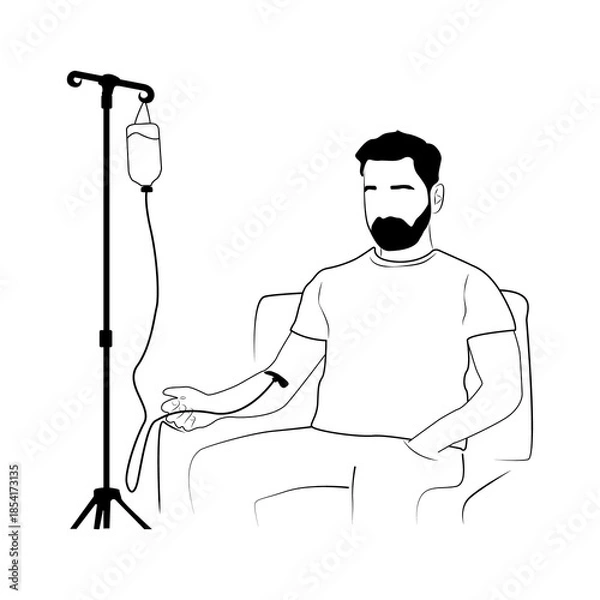 Fototapeta A man on an IV. A patient receiving an infusion. The person receives medications through an IV. Medical procedures involving intravenous administration of medications.