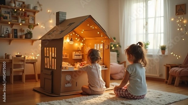 Fototapeta Two children playing near a cardboard house in a warm, cozy room with fairy lights, wooden furniture, and natural light. Concept of creativity. Concept of playhouse in cheerful kid's space
