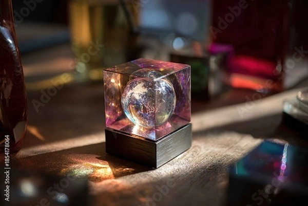 Obraz small cube gadget emitting a rotating holographic globe