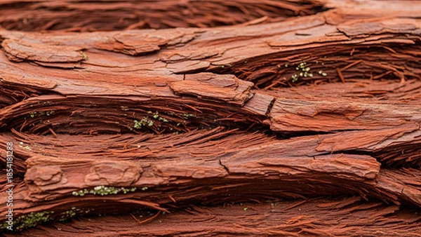 Obraz Red tree bark texture with green moss growing