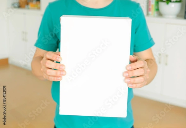 Fototapeta Hands holding blank white cereal packaging mockup, ai generated