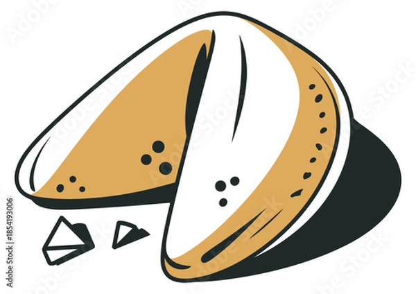 Obraz Whimsical cartoon illustration featuring a high rank single fortune cookie, detailed shadow and broken crumbs, representing humor, surprise messages, snack culture, and imaginative food illustration s