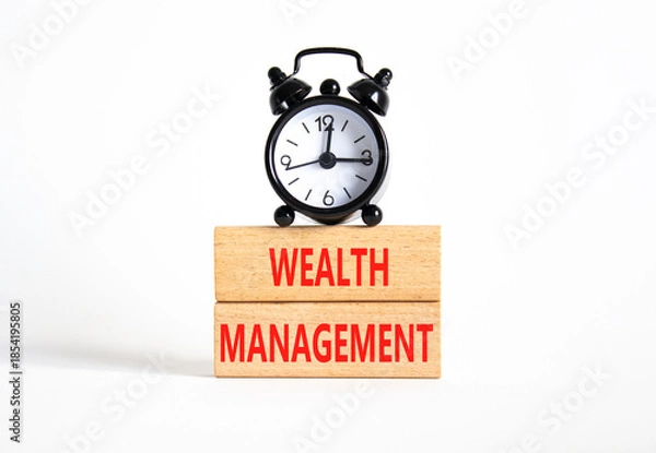 Obraz Wealth Management symbol. Concept words Wealth Management on wooden blocks. Beautiful white background with alarm clock. Business and Wealth Management concept. Copy space