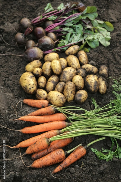 Obraz Bunch of organic beetroot and carrot, freshly harvested potato on soil ground in garden close up. Autumn harvest of vegetables, farming