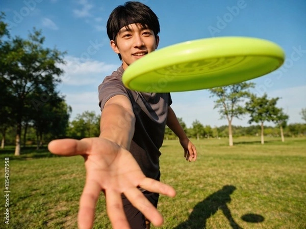 Obraz A man is throwing a frisbee in a park