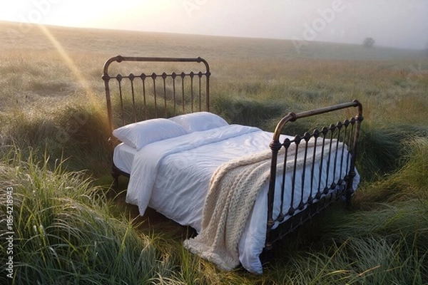 Obraz Bed placed in the middle of grassy field