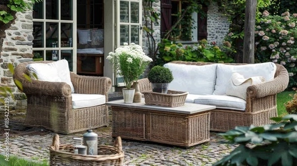 Obraz Elegant garden furniture on the terrace of a country house against the background of a green garden. A cozy outdoor seating area with wicker furniture.