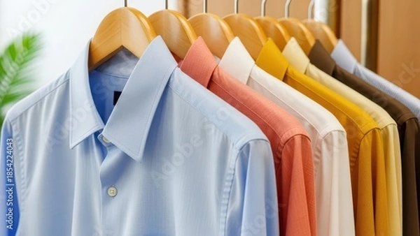 Fototapeta Row of various colored collared shirts on wooden hangers