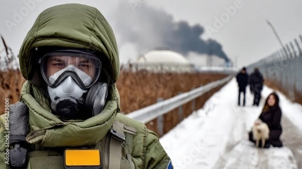 Fototapeta Soldier in protective gear stands guard while others walk on snowy path