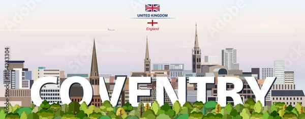 Fototapeta Coventry graphic stylized cityscape colorful vector illustration with big city name on the background