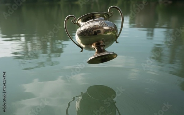 Obraz A shiny silver trophy cup floating on calm water surface with reflection