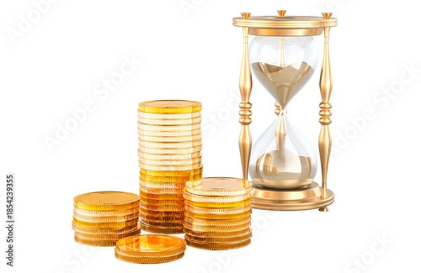 Obraz Gold coins with hourglass. 3D rendering