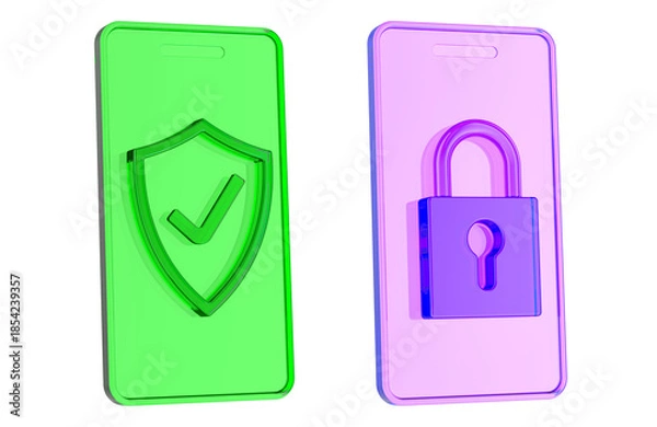 Obraz Mobile security icons, smartphone with shield check and padlock. 3D rendering