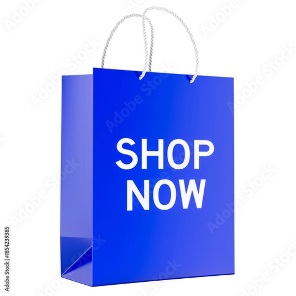 Obraz Shop Now, blue shopping bag. 3D rendering