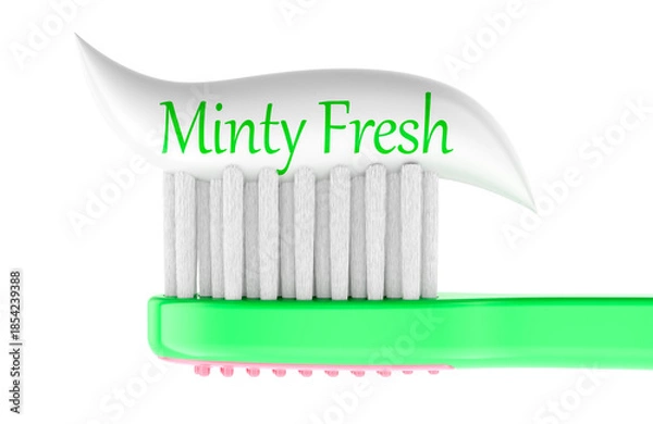 Obraz Toothbrush with mint toothpaste, minty fresh oral hygiene concept. 3D rendering
