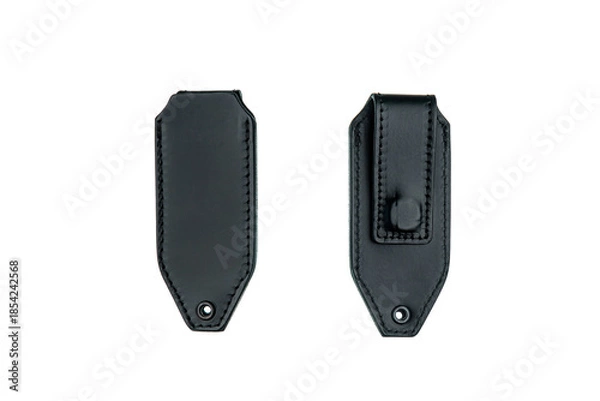 Obraz Two black leather pouches with belt loops and stitching, front and back view, on white back