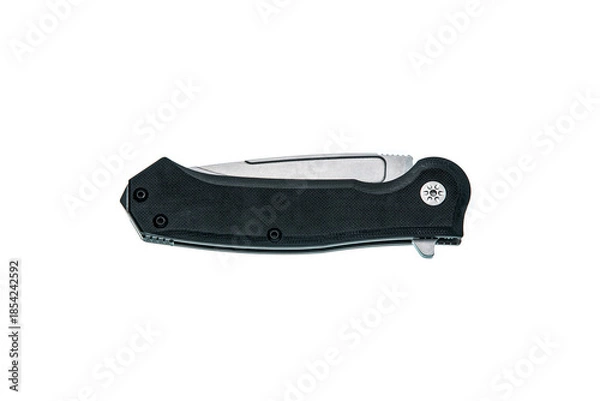Obraz Black folding pocket knife with a textured handle isolated on a white back