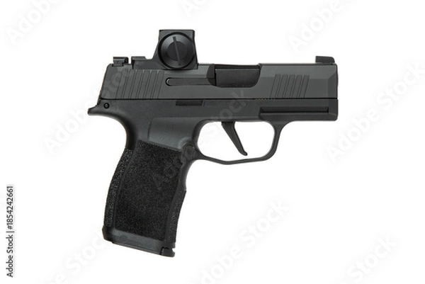 Obraz Black semi-automatic pistol with mounted red dot sight isolated on white back