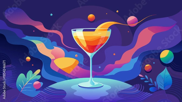 Fototapeta Immersive cocktail scene in bold flat vector with sensory waves
