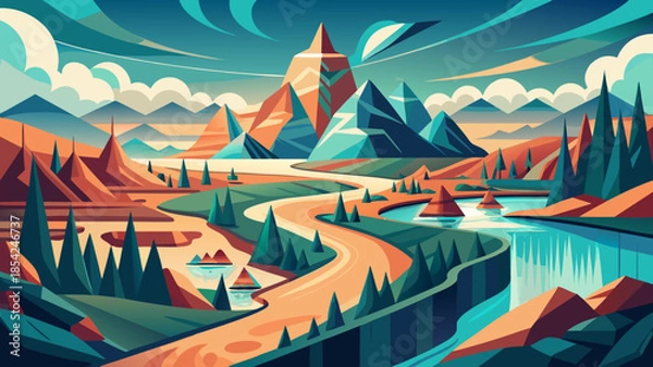 Fototapeta Organic meets geometric travel landscape with flowing hills and faceted mountains