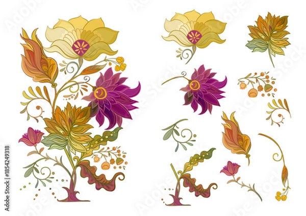Obraz Fantasy flowers in retro, vintage, jacobean embroidery style. Clip art, set of elements for design Vector illustration.
